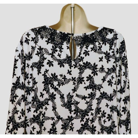 Karl Lagerfeld Shirt XL Black White Floral 3/4 Sleeves Lace Trim Polyester Blend - Picture 7 of 8